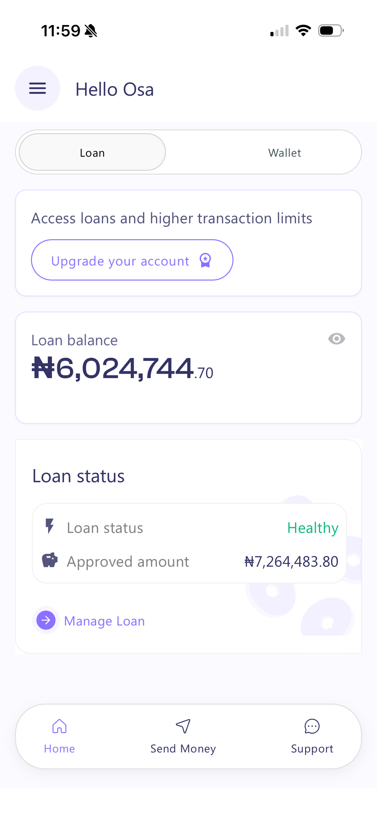 NeoCash app loan dashboard showing a healthy loan status